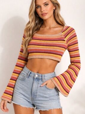 Yellow the label Alisha knit crochet striped crop top size XL